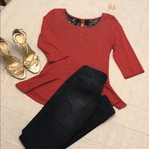 Burnt Orange Half-Sleeve Peplum Top with Lace Back